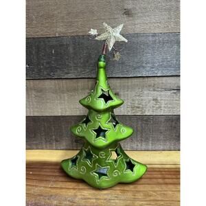 Pier 1 Ceramic Glitter Tree Tea Light Candler Holder With Gold Glitter Stars